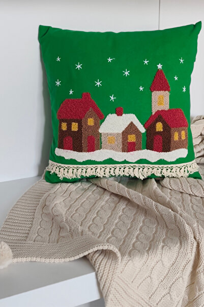 Sevim Husă de pernă decorativă brodată cu tematică Case de iarnă - Pernă deco...