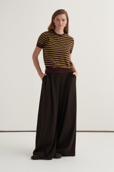 EBU Prive Women's Double Pleated Wide Leg Palazzo Trousers Bitter Brown