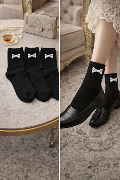 Emsay Store 3 Pieces of Black Women's Socks with Bow Detail – Stylish Socks w...