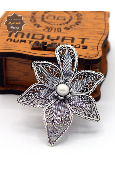 Midyat Nurtaş Gümüş Taşlı Lotus Model Oksitli Telkari Gümüş Kadın Broş 201025189