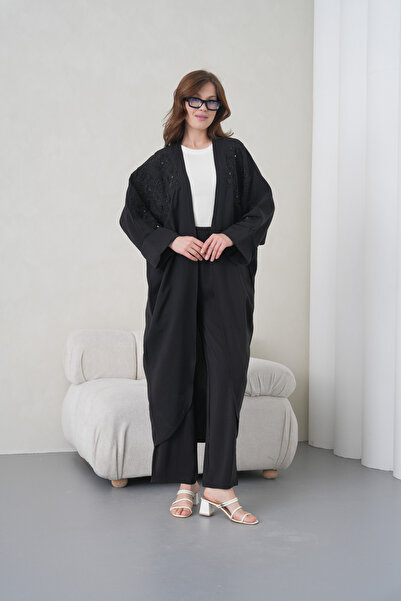 Miss Allos Set de damă cu cardigan și pantaloni din in, brodat cu mărgele în ...