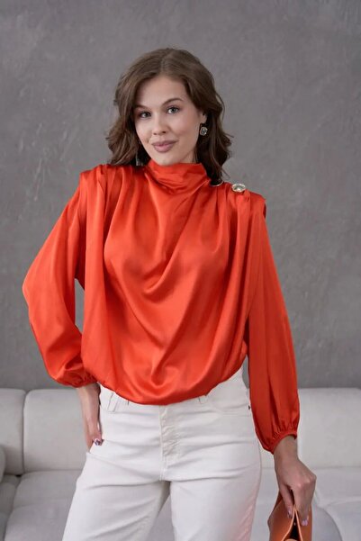 Park Karon Women's Stand Collar Padded Shoulders Accessory Detail Satin Woven...