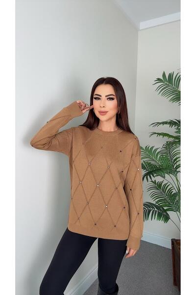 DİDEM GÜLTAKTI Penny Women's Patterned and Stone Detailed Tan Knitwear