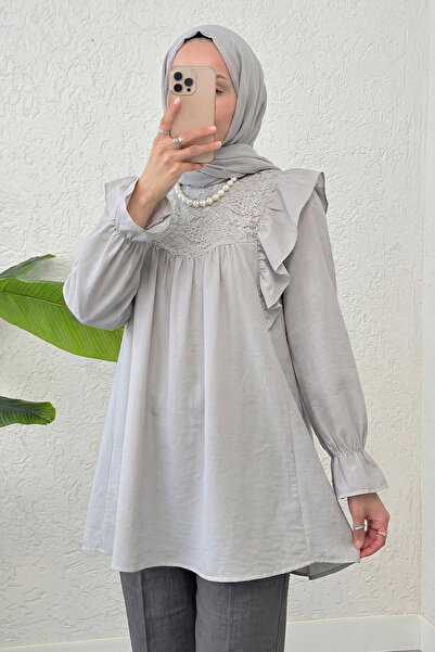 Salih Çelebi Shoulder Ruffle Detailed Tunic 2044 - Gray