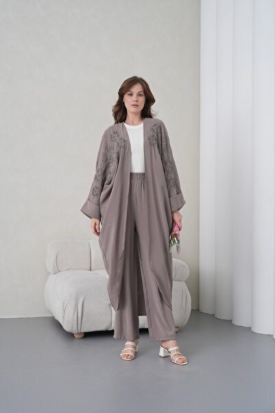 Miss Allos Women's Front Embroidered Beaded Linen Kimono Cardigan and Pants T...