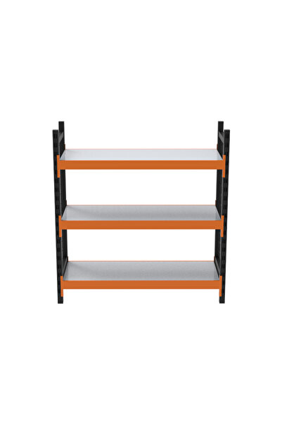 RafBurada 3 Katlı Dekoratif Midi Rack - Ekonomik Depo,Arşiv, Kiler Rafı Siyah-Turuncu-35x90 cm-100 cm