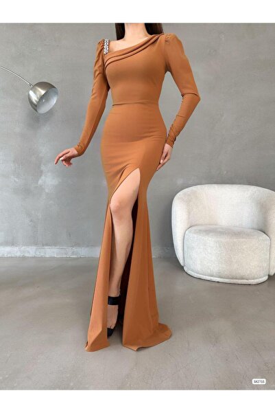 Modafeminen Zyran Sleeve Detail Slit Evening Dress 582755 Taba