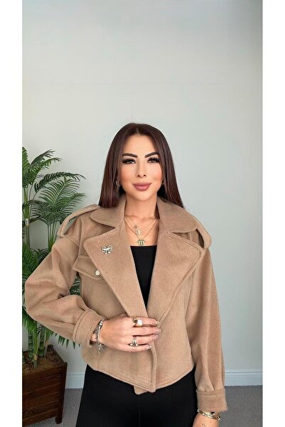 DİDEM GÜLTAKTI Piece Women's Brooch Detailed Tan Jacket Coat