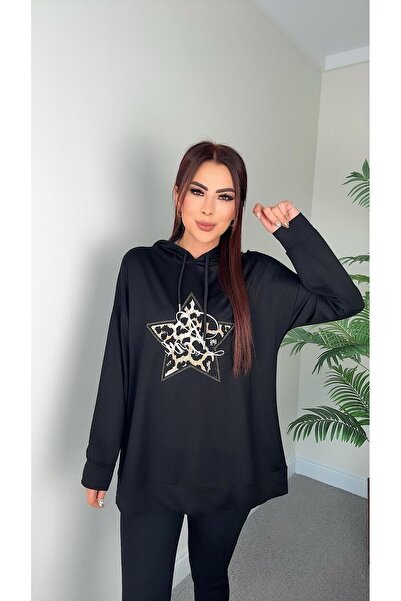 DİDEM GÜLTAKTI Roar Women's Star Embroidered Black Tunic Sweatshirt
