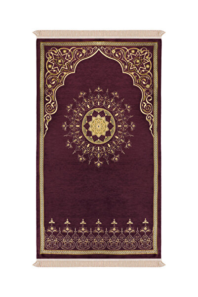 Bursa İpek Plum Mandala Pattern Embossed Special Woven Prayer Rug