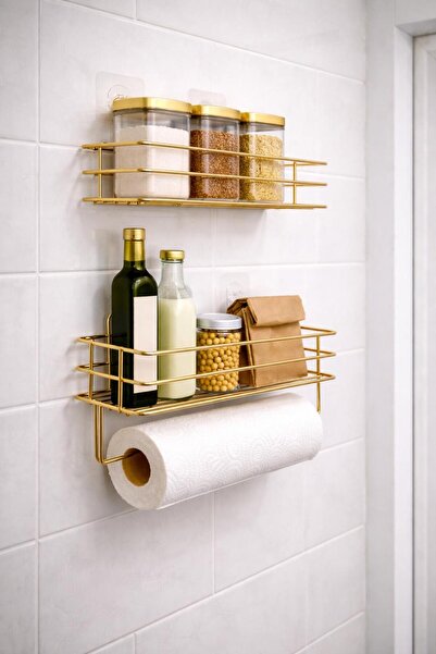 Kitchen Smile Yapışkanlı Banyo Ve Mutfak Rafı 2 li Set Kağıt Havlu Askılı Banyo Duş Mutfak Organizer