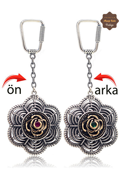 Midyat Nurtaş Gümüş Ruby and Emerald Stone Rose Model Double Sided Oxidized S...