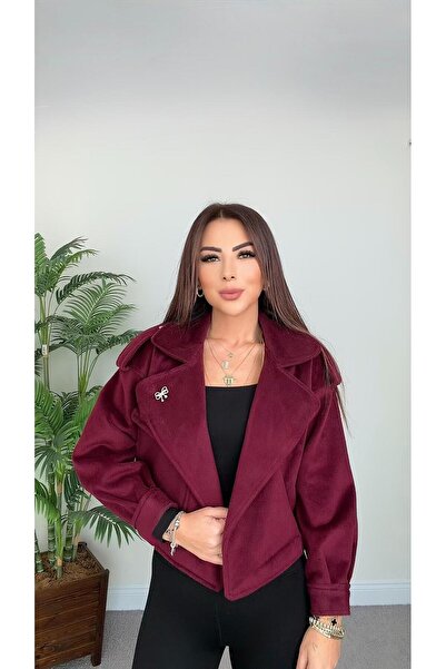 DİDEM GÜLTAKTI Piece Women's Brooch Detailed Burgundy Jacket Coat