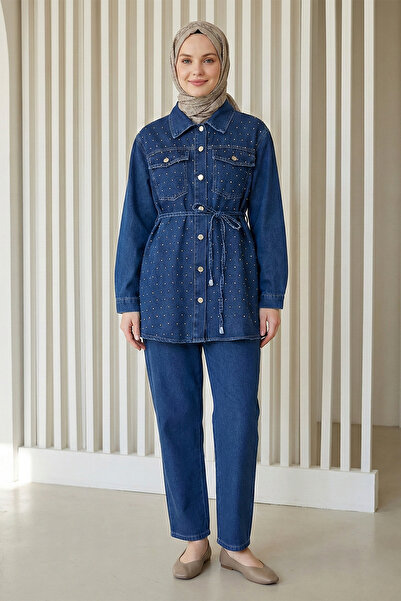 Kirazgym Women's Stoned Buttoned Denim Jacket and Trousers Set - Navy Blue