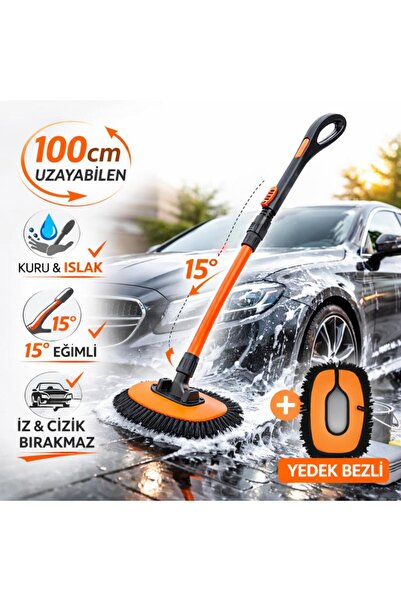 coofbe Ayarlanabilir Teleskopik Mikrofiber Araç Yıkama Fırçası+Yedek Bez Kuru...