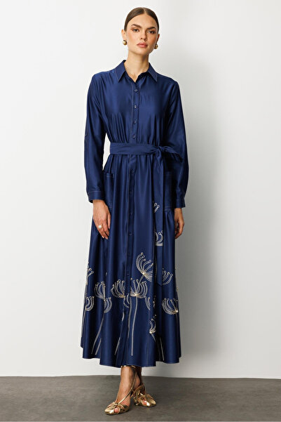 Moda İlgi Safari Kol Uzun Elbise 60083 Lacivert