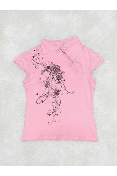 DREICH Pembe Mandarin Yaka Çiçekli Qipao Vintage Y2K Kısa Kollu Crop