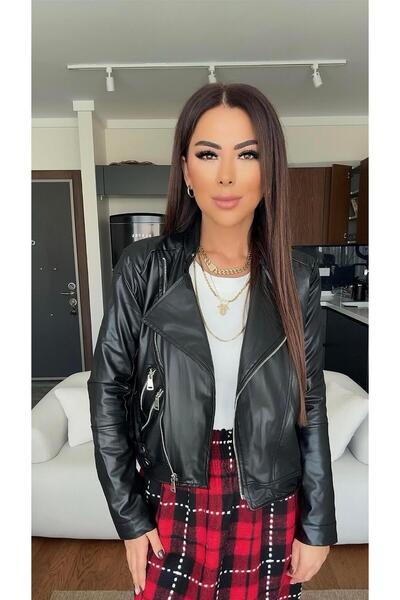 DİDEM GÜLTAKTI سترة فينا النسائية تفاصيل بسحاب باللون الأسود جلد