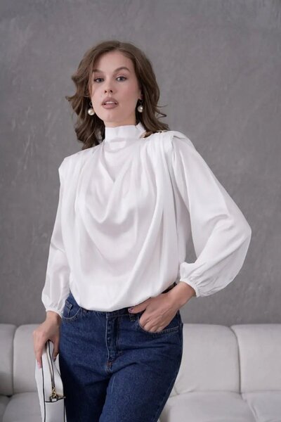 Park Karon Bluză de damă cu guler înalt, umeri căptușiți, detalii accesorii, ...