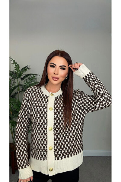 DİDEM GÜLTAKTI Meka Women's Gold Buttoned Beige Brown Patterned Cardigan