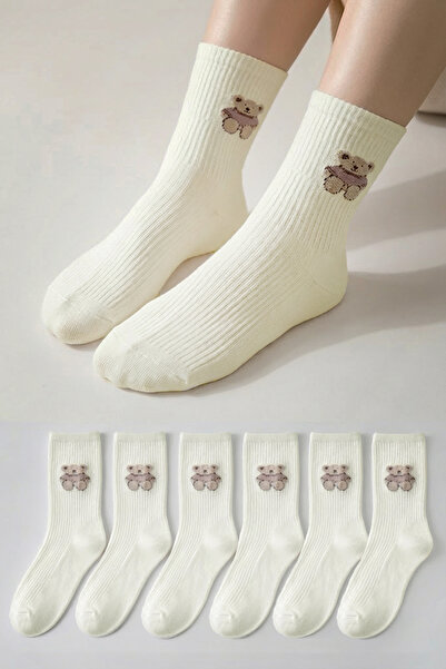 Bravie Women's Teddy Bear Young College Socks 6 Pack 811 Ecru