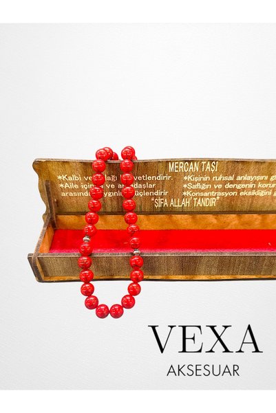 Vexa Aksesuar Natural Coral Stone Prayer Beads with Wooden Box, Gift Set of 33 Red Prayer Beads