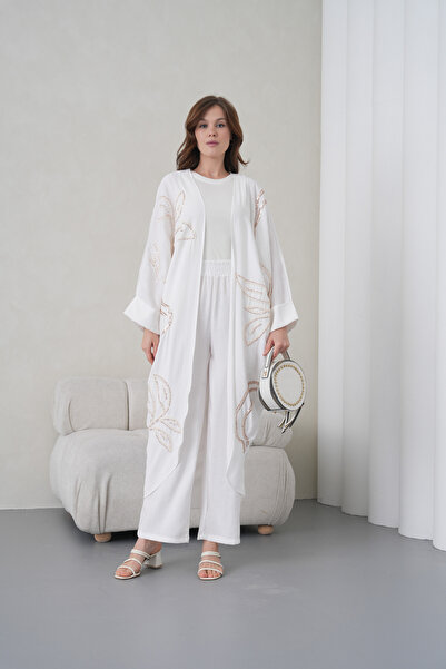 Miss Allos Women's Front Sequin Embroidered Linen Kimono Cardigan and Pants T...