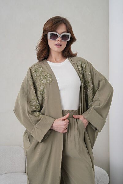 Miss Allos Kadın Önü Nakışlı Boncuk İşlemeli Keten Kimono Hırka Ve Pantolon A...