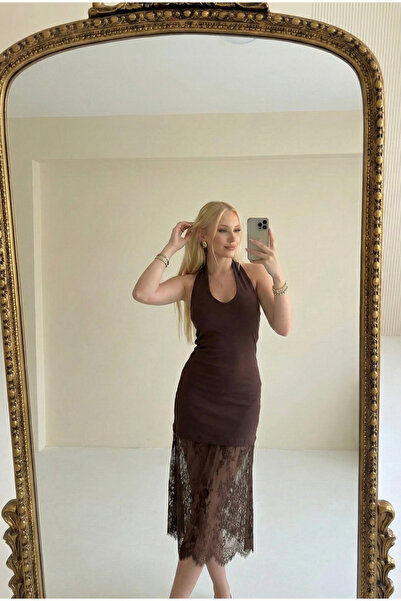 TLG GİYİM Women's Madonna Collar Skirt Lace Detail Stylish Long Backless Dress