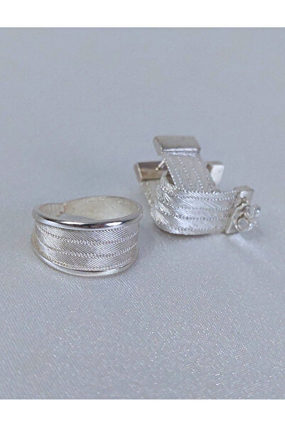 Midyat Nurtaş Gümüş 5 Sıra Katmanlı Trabzon Hasırı Kadın Gümüş Küpe-Yüzük Set...
