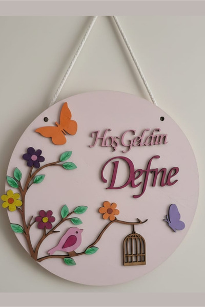 Lieta Kişiye Özel Ahşap Bebek Odası Kapı ve Duvar Süsü - Kuş ve Kelebek Figür...