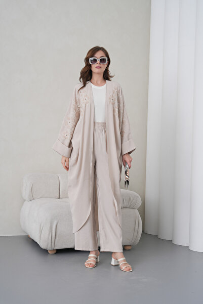 Miss Allos Women's Front Embroidered Beaded Linen Kimono Cardigan and Pants T...