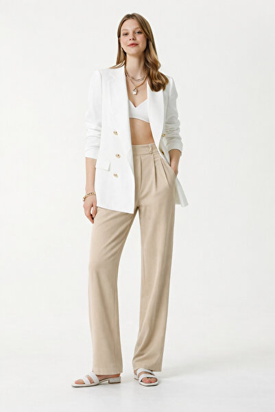 RAMİOR COLLECTION High-Waisted Beige Crepe Palazzo Pants – Wide Legs, Flowing...