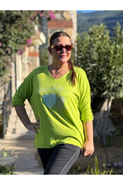 Punta Otantik Yg27060 Double Heart Printed Italian Knitwear Blouse Pistachio