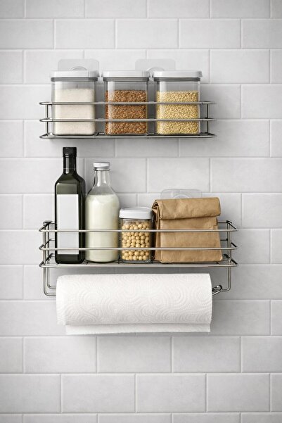 Kitchen Smile Adhesive Bathroom and Kitchen Shelf Set of 2 with Paper Towel H...