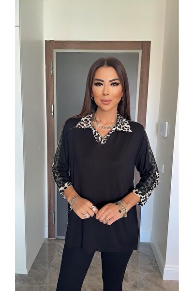DİDEM GÜLTAKTI Crack Women's Collar Leopard Detailed Black Blouse
