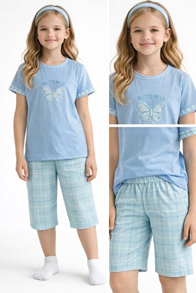 Tarık Girl's Light Blue Butterfly Printed Capri Pajama Set-2302