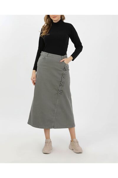 VELLICHOR FUSTĂ DENIM CU DETALII DIN ȘNURURI - KHAKI