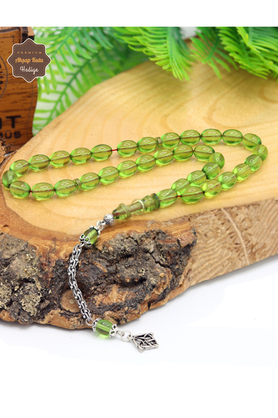 Midyat Nurtaş Gümüş Transparent Green Barley Cut Silver Tassel Fire Amber Pra...