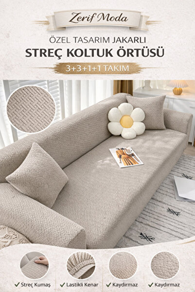 zerif home 3+3+1+1 Koltuk Örtüsü Takımı Esnek Lastikli Çekyat Kılıfı Kaymaz T...