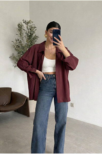 fera butik Kadın Oversize Salaş Rose Tone Gömlek