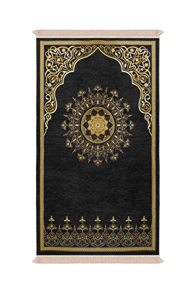 Bursa İpek Black Mandala Pattern Embossed Special Woven Prayer Rug
