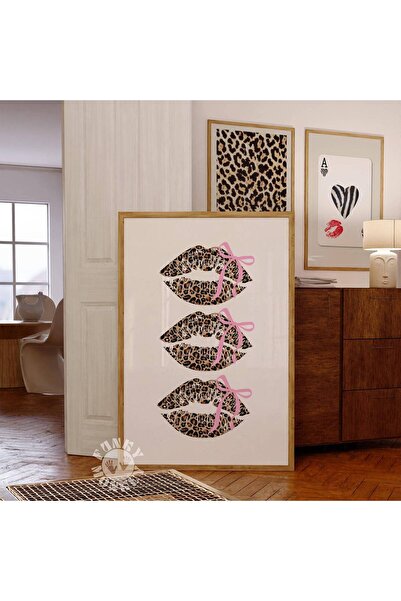 NinaStore Leopar Öpücüğü Dudak Baskısı / Trend Duvar Sanatı / Pembe Kurdelele...