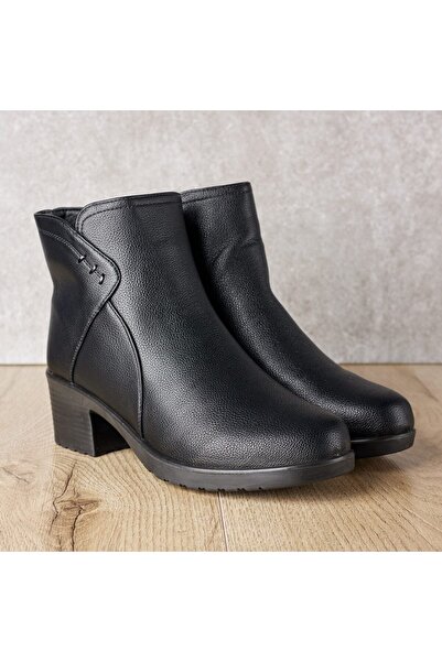 Tellus Women's Black Leather Ankle Boots with Fur, High-Heel, JF-52