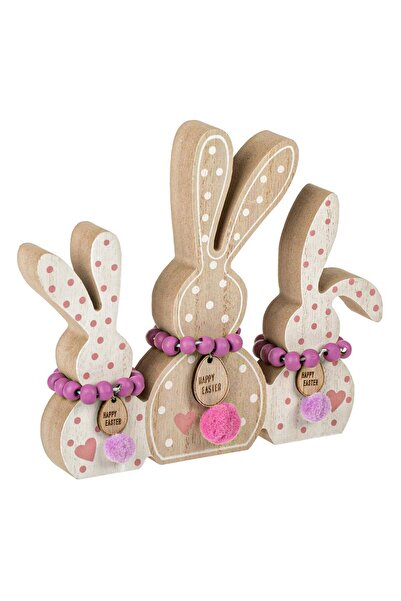 OEM Decoratiune de Paste din Lemn cu 3 Iepurasi Buline Pompon Happy Easter 15x2x15cm
