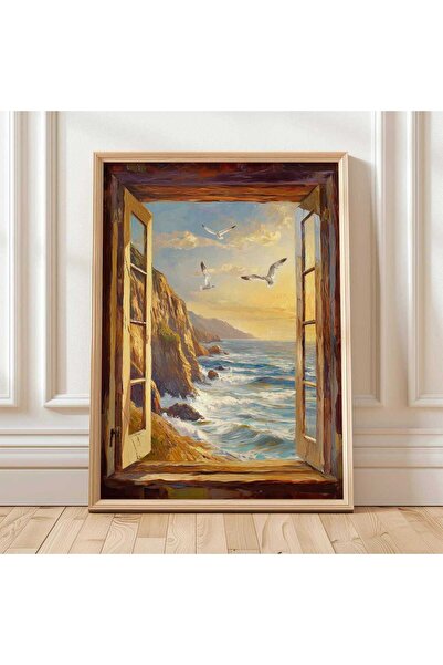 NinaStore Sahil Manzaralı Pencere Duvar Sanatı Okyanus Kayalıkları Martılar B...