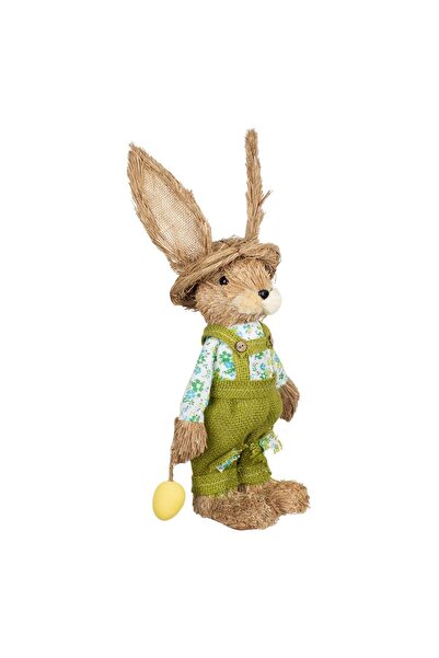OEM Decoratiune de Paste din Iarba Figura Iepuras cu Salopeta Galbena Ou 39cm