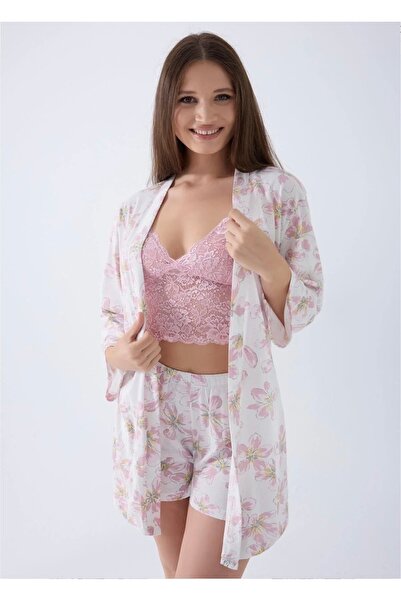 ARNETTE Women's 50% Cotton 50% Modal 3-Piece Lace Shorts Pajama & Robe Set – ...