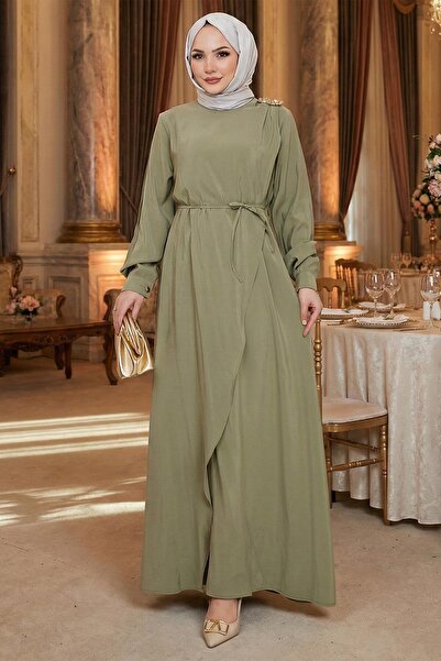 hafsamina Toka Detaylı Bağlamalı Tesettür Elbise Yeşil HM2887