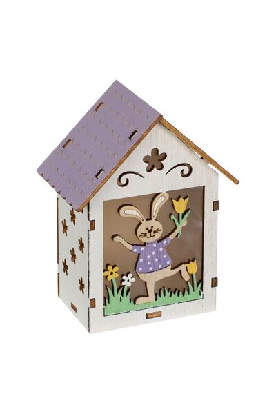 OEM Casuta din Lemn Decorativa de Paste cu Iepuras 1 LED 9x6x12cm
